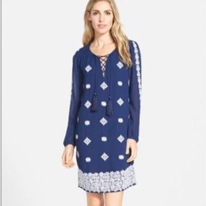 Michael Kors Embroidered Lace-Up Navy Blue Sheath Dress S